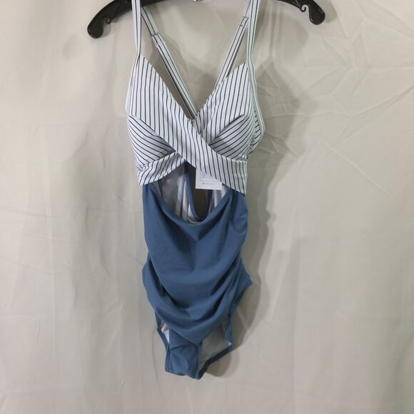 NEW Eomenie Swimsuit Medium NWT Blue White Stripe Cutout Criss Cross Tie Back - Picture 3 of 7